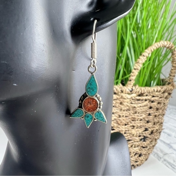 Kuchi Tribal Afghanistan handmade coral, turquoise earrings - Picture 3 of 6